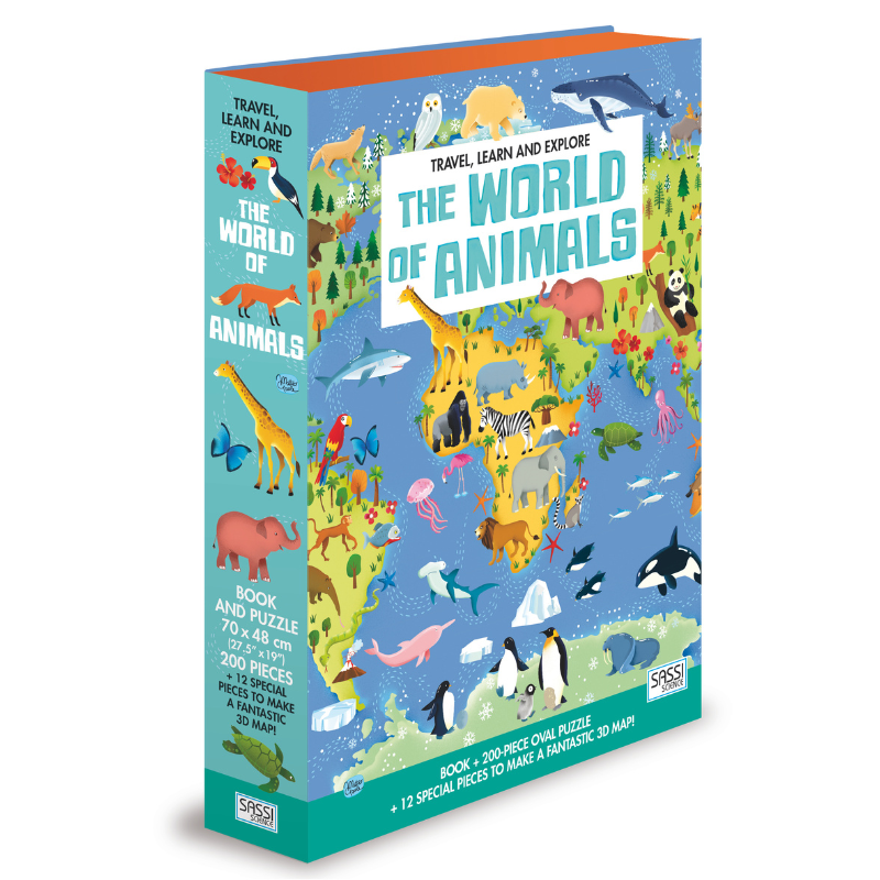 Sassi Travel, Learn and Explore - Book and 3D Puzzle Set - World of Animals, 200 pcs