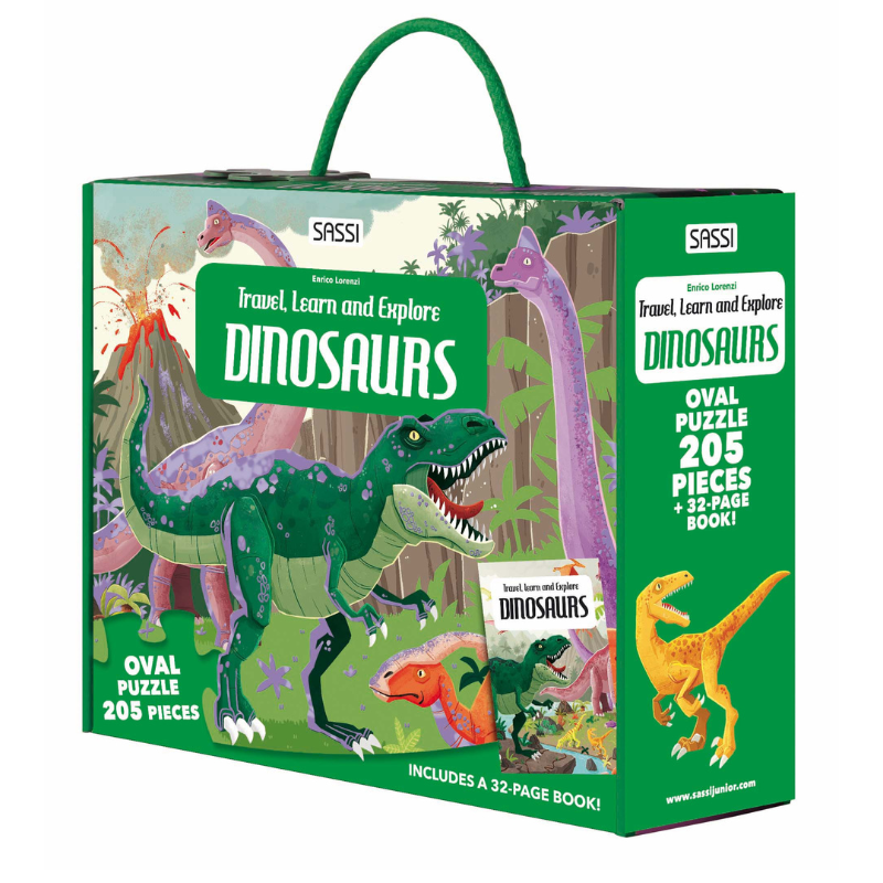 Sassi Travel, Learn and Explore - Puzzle and Book Set - Dinosaurs, 205 pcs