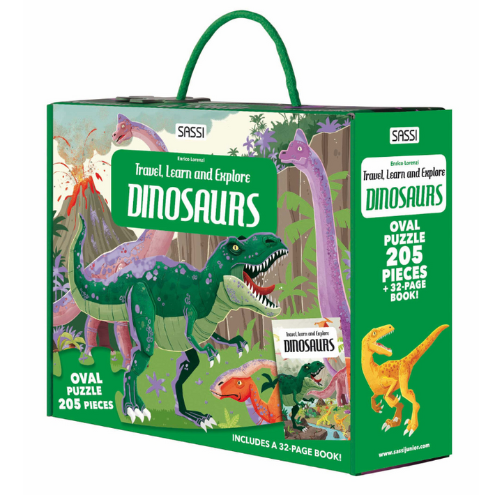 Sassi Travel, Learn and Explore - Puzzle and Book Set - Dinosaurs, 205 pcs