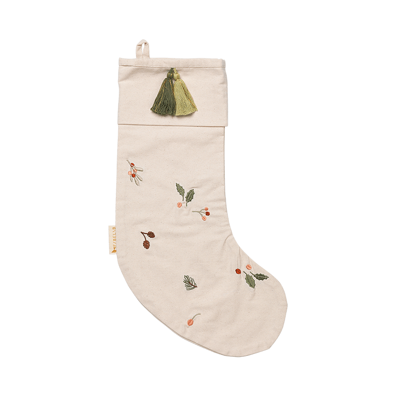 Fabelab Christmas - Stocking - Yule Greens embroidery - Natural, 52 cm