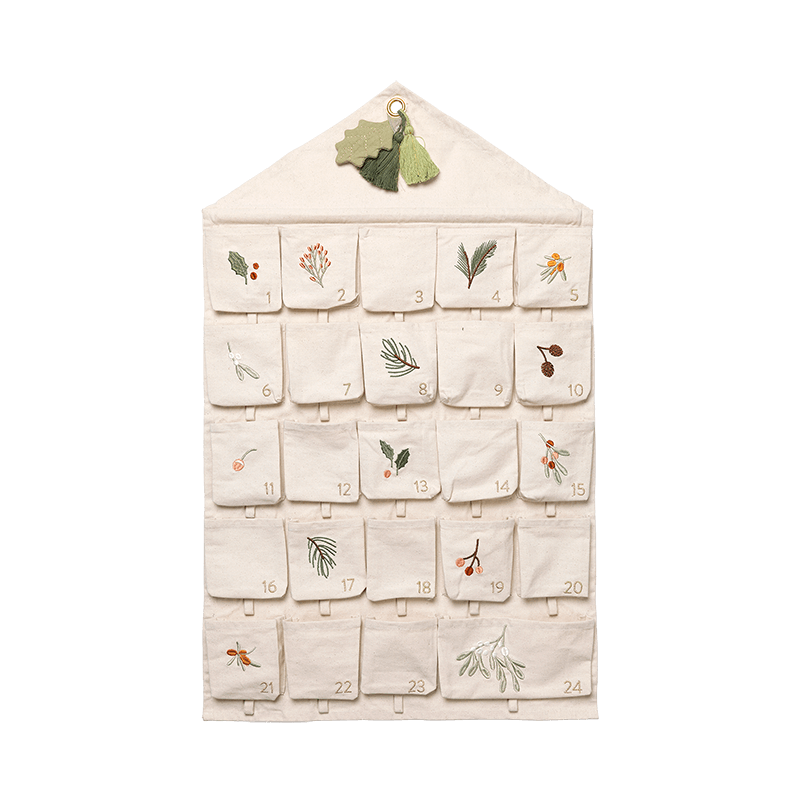 Fabelab Christmas - Wall Calendar - Yule Greens embroidery - Natural, 82 cm
