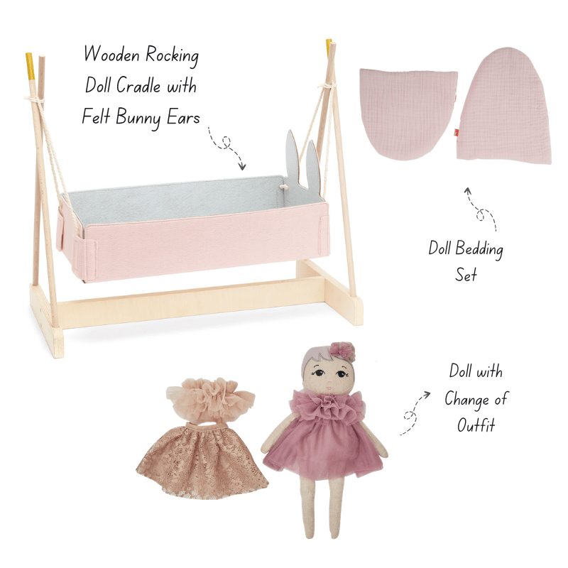Scandinavian Doll, Cradle and Bedding Set