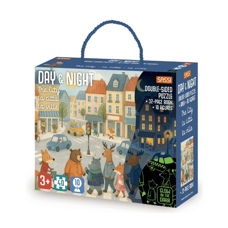 Sassi Glow-In-The-Dark Night &amp; Day Double-Sided Puzzle &amp; Book Set - City