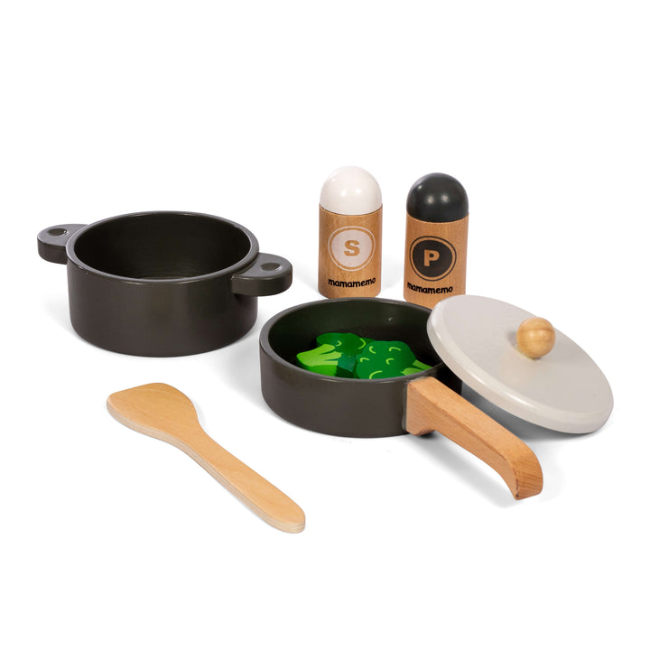 MamaMemo Wooden Pot and Pan Set, 6 pcs