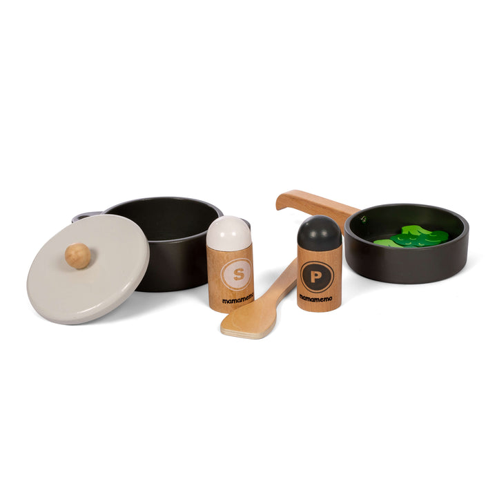 MamaMemo Wooden Pot and Pan Set, 6 pcs