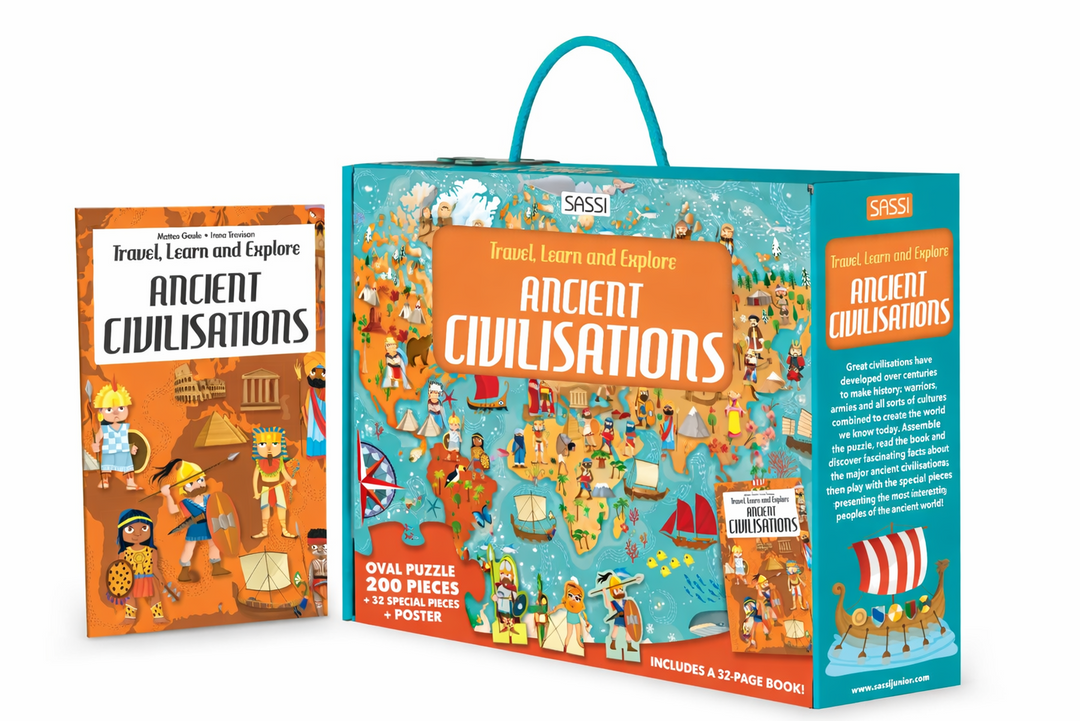 Sassi Travel, Learn and Explore - Puzzle and Book Set - World of Ancient Civilisations, 200 pcs