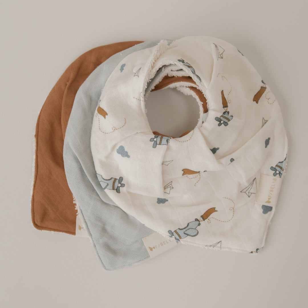 Fabelab - Organic Cotton Bandana Bibs, Airplane Blue, 3pcs
