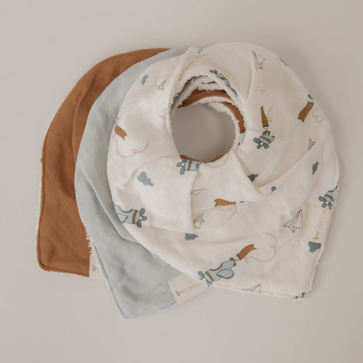 Fabelab - Organic Cotton Bandana Bibs, Airplane Blue, 3pcs