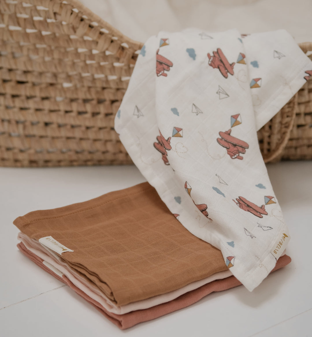 Fabelab - Organic Cotton Muslin Wraps, Airplane Rose, 4pcs