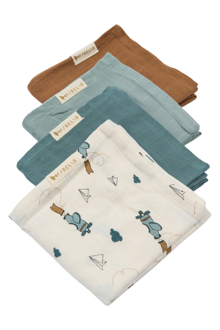 Fabelab - Organic Cotton Muslin Wraps, Airplane Blue, 4pcs