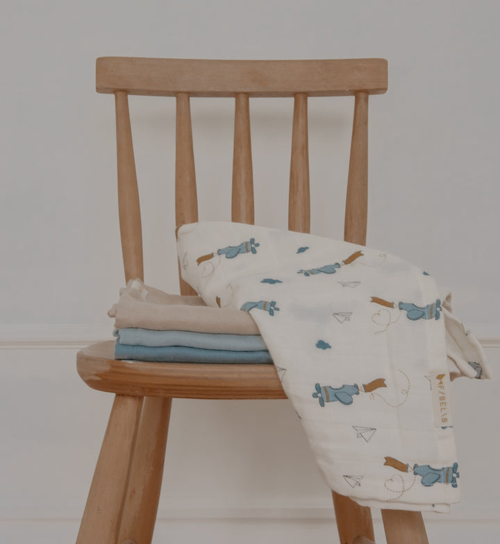 Fabelab - Organic Cotton Muslin Wraps, Airplane Blue, 4pcs