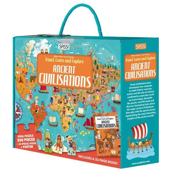 Sassi Travel, Learn and Explore - Puzzle and Book Set - World of Ancient Civilisations, 200 pcs