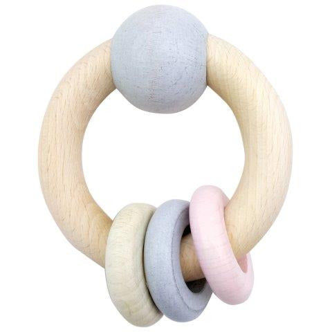Round Rattle With Ball and 3 Rings, Natural Pink