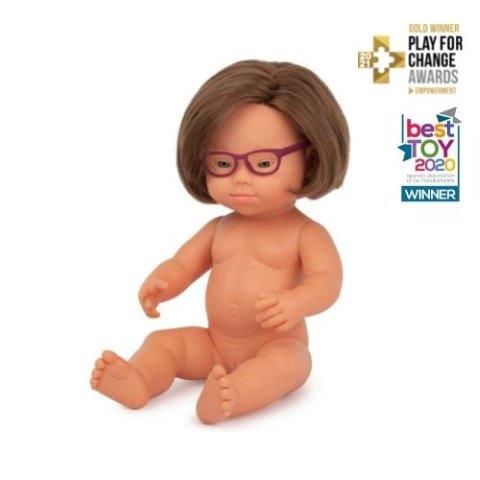 Miniland Caucasian Girl Doll with Down syndrome, 38 cm with Glasses  (UNDRESSED)